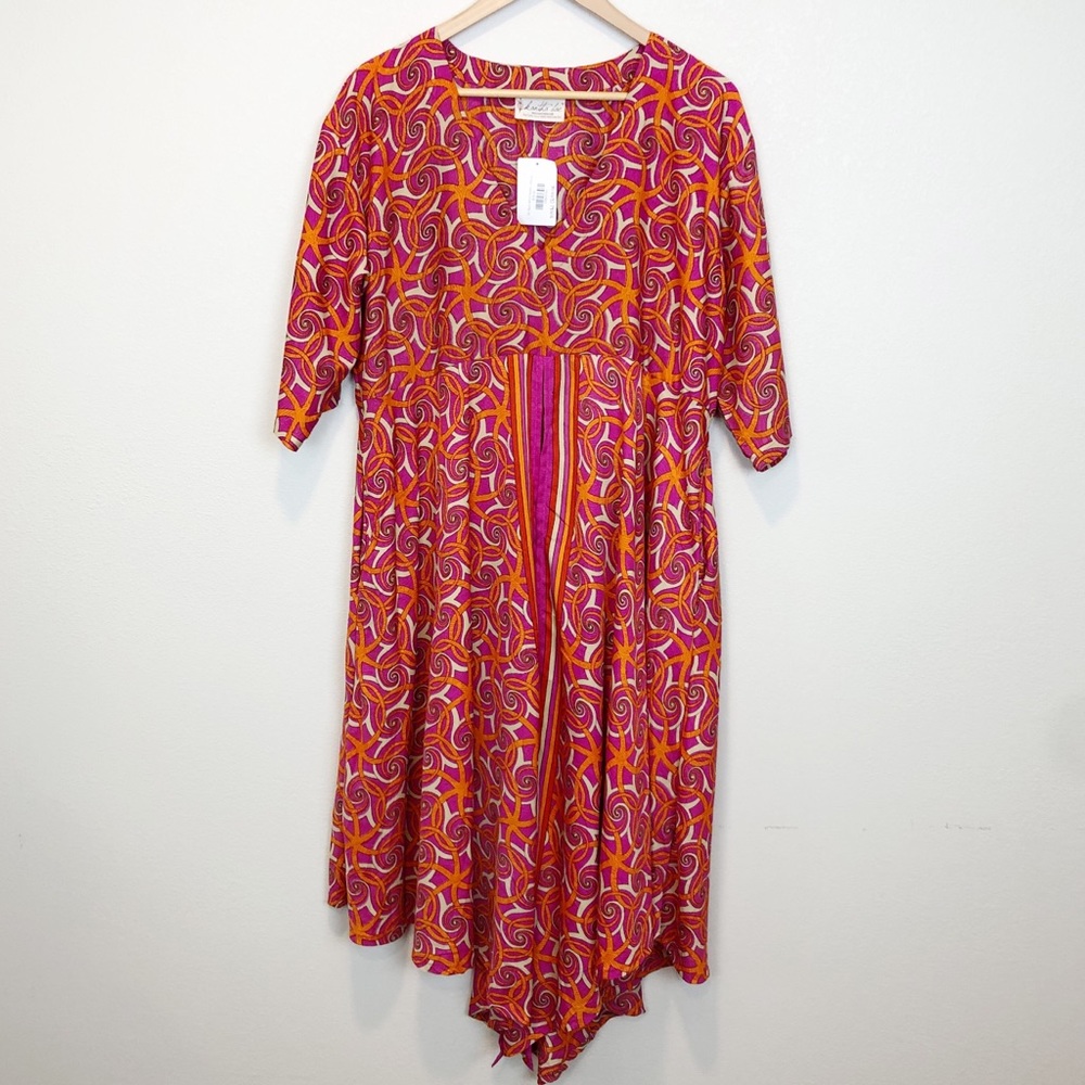 Kantha Bae Silk Boho Geometric Print Split Mumu Kaftan Dress